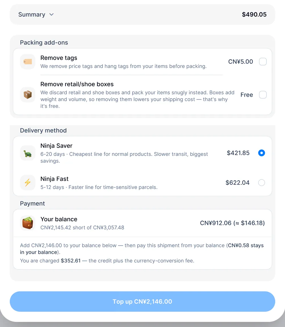 Creating a shipment: packing add-ons, two delivery methods, and paying from your balance