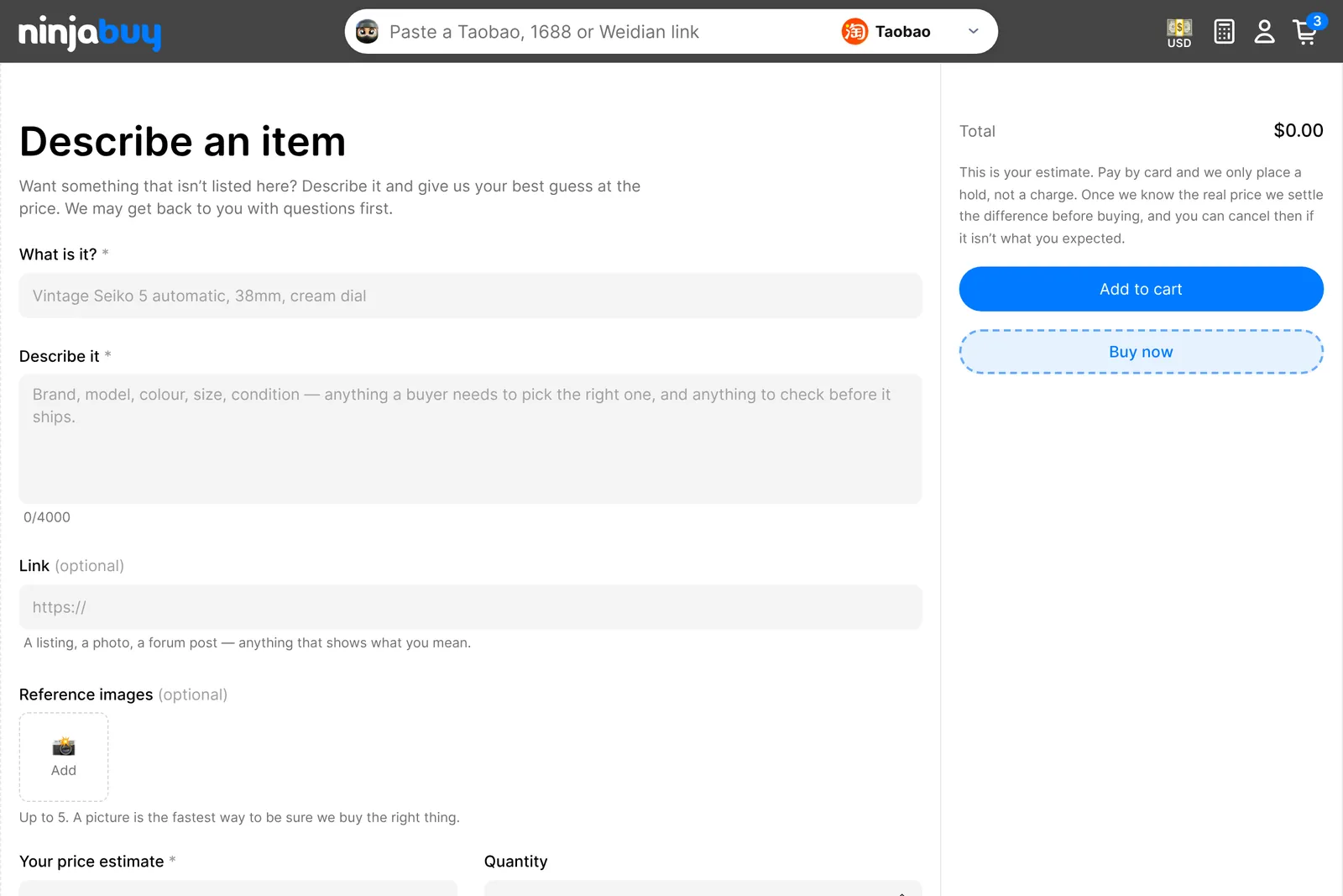 The Describe an item form