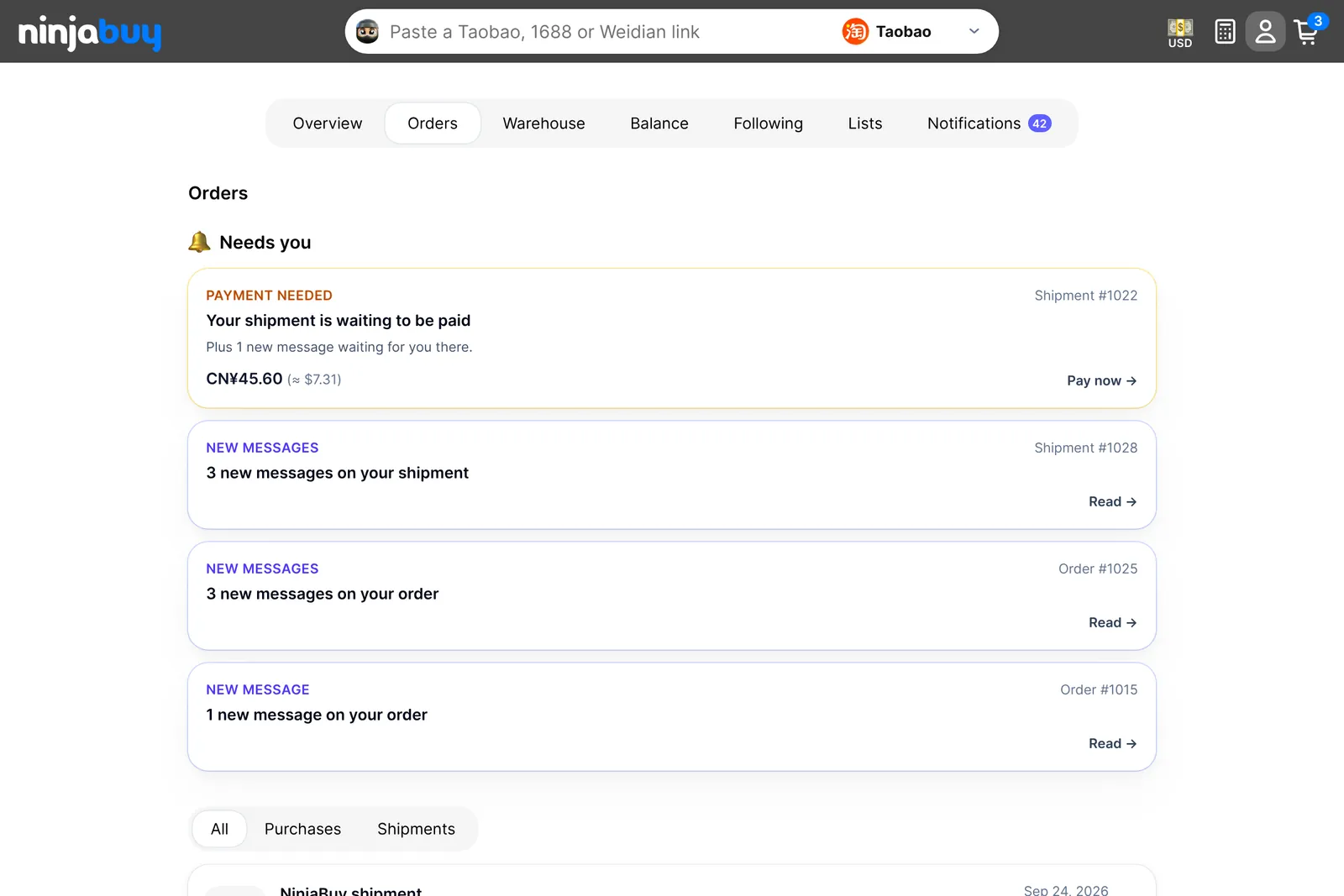 The Orders tab, with a payment and new messages under "Needs you"