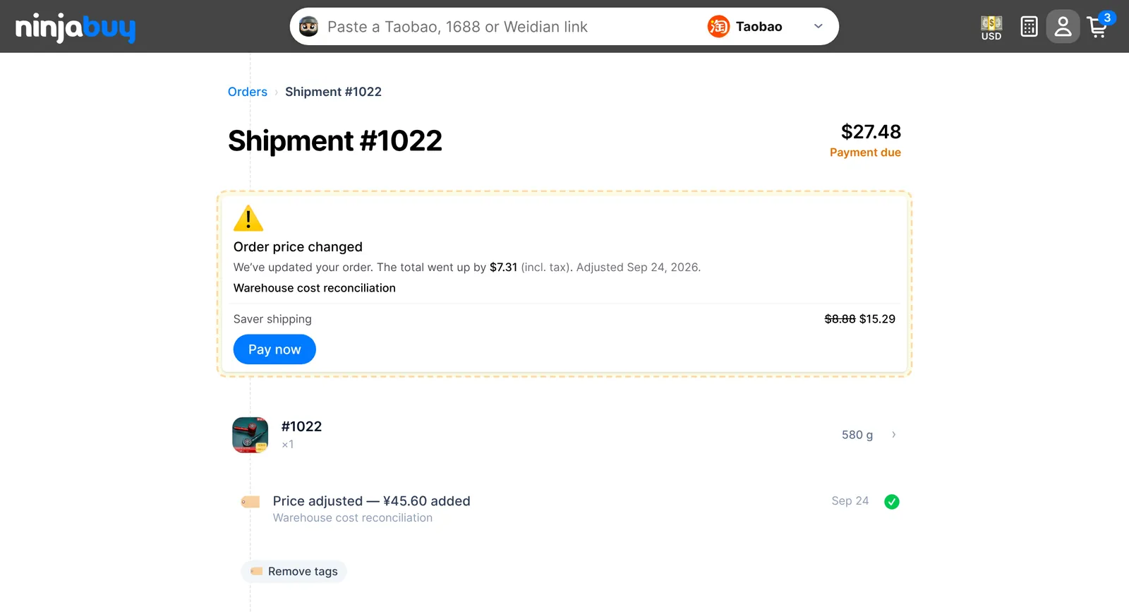A shipment whose cost went up after packing, with a Pay now button