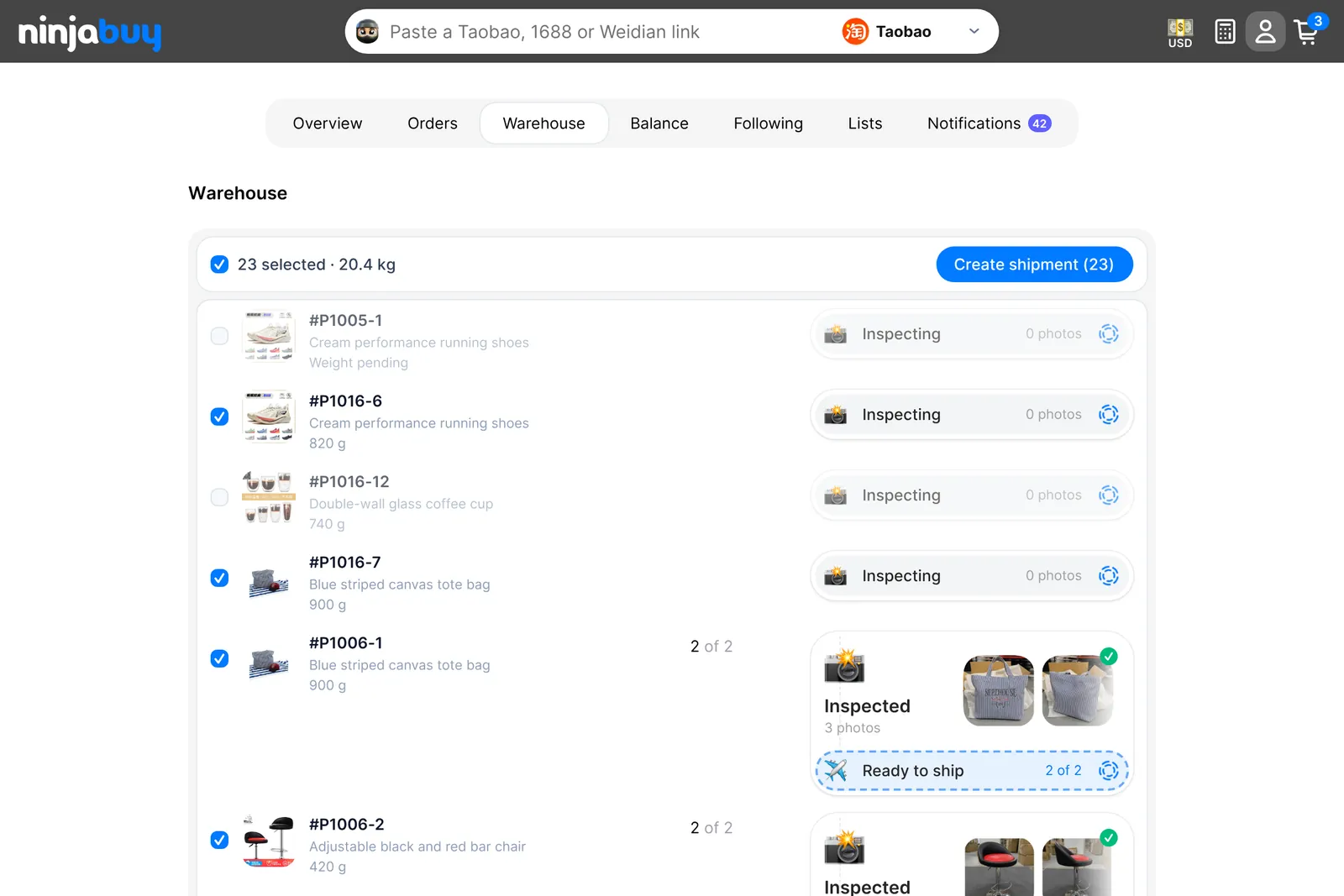 The Warehouse tab: some items are still being inspected, others are inspected with photos and ready to ship